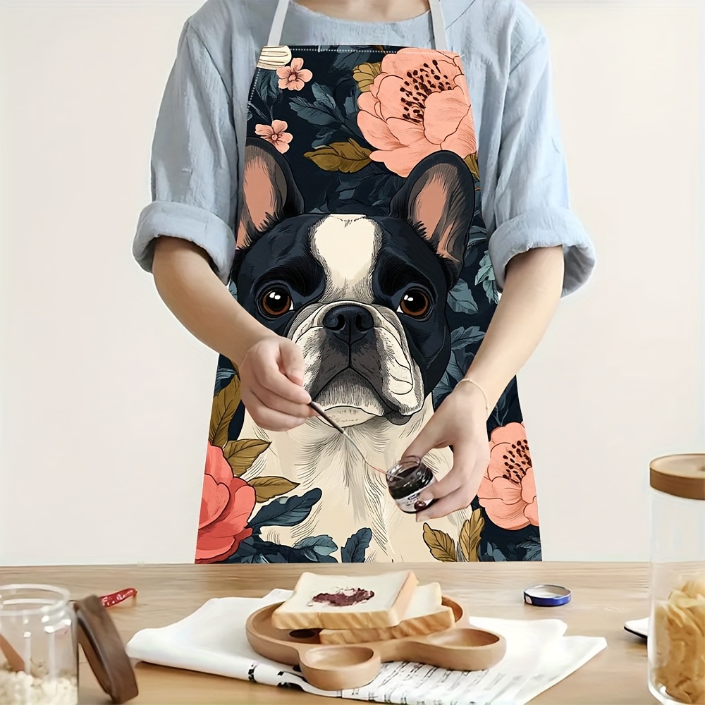 Home Cooking In French - フレンチブルドッグ柄エプロン - リネン風、可愛い犬柄、家庭料理、ベーキング、キッチン、レストランでの使用、ギフトに最適