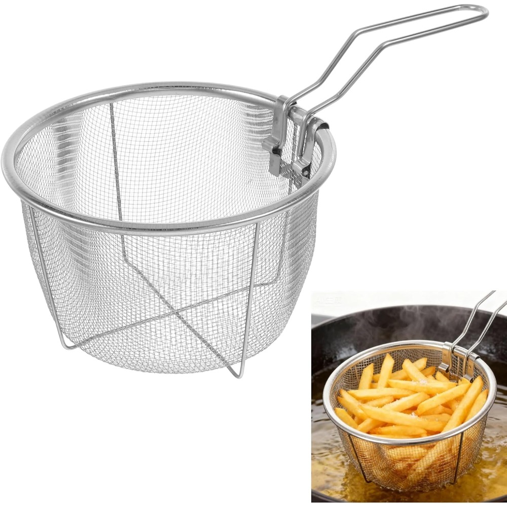 Home Cooking In French - 折りたたみハンドル付き丸型フライバスケット ステンレス鋼ワイヤーメッシュ フレンチチップディープフライバスケット 家庭料理レストラン用