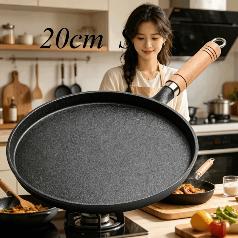 Dosa Pan Iron - 20cm 鋳鉄製フライパン 木製ハンドル付き – 無塗装プレシーズン加工済みフライパン（卵、クレープ、ステーキ、パンケーキ用）、ガス＆IH調理器対応