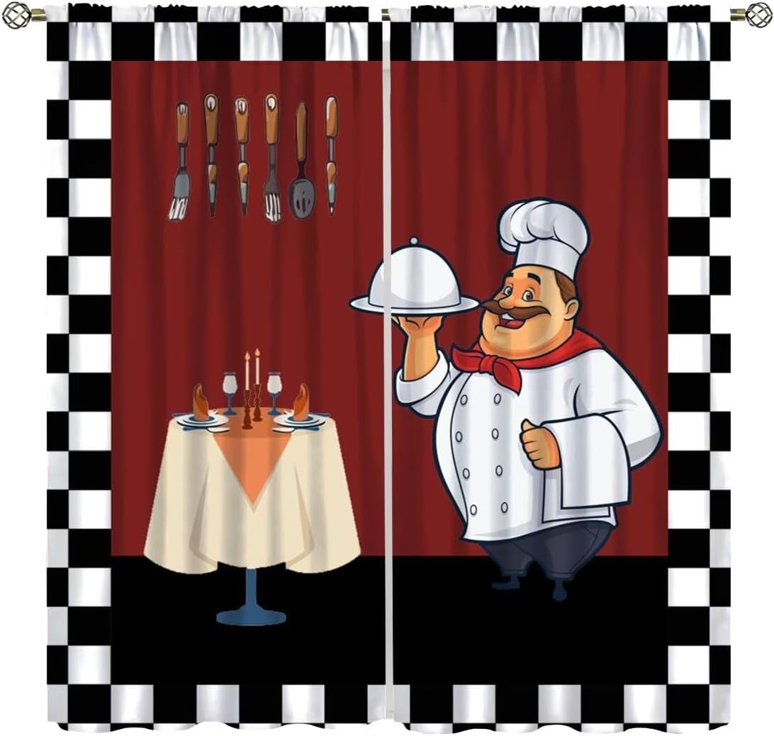ファットシェフキッチンカーテン、漫画の料理人黒白チェックウィ - Home Cooking In French のレビューと価格