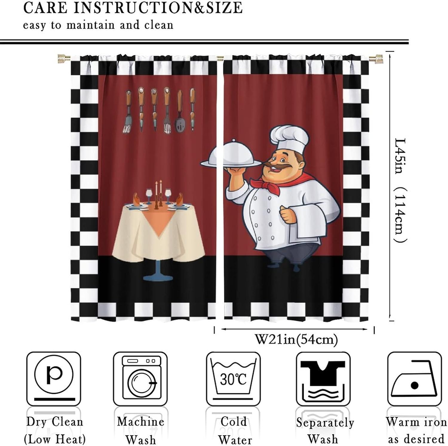 ファットシェフキッチンカーテン、漫画の料理人黒白チェックウィ - Home Cooking In French のレビューと価格
