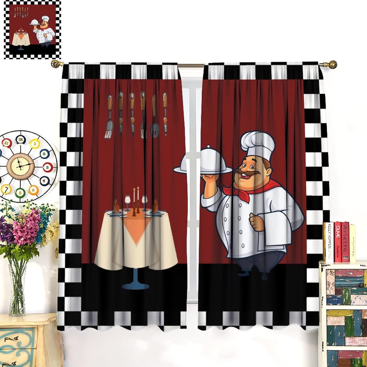 ファットシェフキッチンカーテン、漫画の料理人黒白チェックウィ - Home Cooking In French のレビューと価格