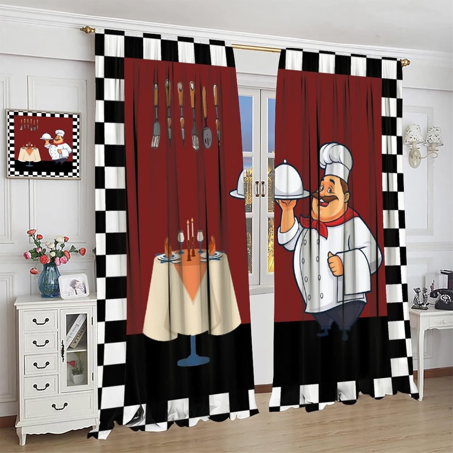 ファットシェフキッチンカーテン、漫画の料理人黒白チェックウィ - Home Cooking In French のレビューと価格